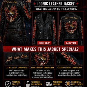 Könnte beinhalten: Eine schwarze Lederjacke mit gestickten Flammendesigns auf den Ärmeln und einer großen Grafik auf der Rückseite, die eine von Feuer umgebene Figur mit dem Text Let me live zeigt. Die Jacke wird in einer Vorder- und Rückansicht dargestellt.