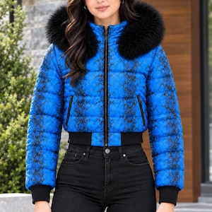 Women’s Genuine Leather Python Print Cropped Puffer Jacket, Snakeskin Pattern Fur Hooded Winter Outerwear