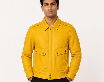 Men’s Yellow Leather Jacket | Cafe Racer Style Jacket | Vintage Men Coat | Handmade Fashion Outerwear