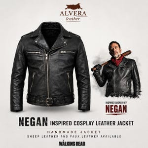 May include: A black leather jacket with a notched lapel, silver-tone metal zippers on the chest and sides, and a buckled waist belt. The text ALVERA leather, NEGAN INSPIRED COSPLAY LEATHER JACKET, HANDMADE JACKET, SHEEP LEATHER AND FAUX LEATHER AVAILABLE, THE WALKING DEAD is visible.