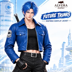 May include: A blue leather jacket with a collar, silver zipper, and a Capsule Corp logo patch on the sleeve. The jacket is worn over a black tank top, paired with black pants, a black belt, and fingerless gloves. Text reads ALVERA leather FUTURE TRUNKS INSPIRED COSPLAY JACKET.