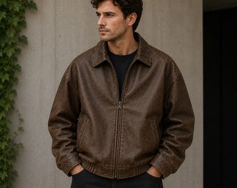 Men’s Oversized Distressed Leather Jacket | Vintage Brown Aviator Style Bomber | Classic Real Leather Outerwear