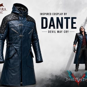 May include: A dark blue leather coat featuring a hood, quilted black shoulder panels, silver-toned metal buckle closures, and zippered chest pockets. The text reads ALVERA leather, INSPIRED COSPLAY BY DANTE DEVIL MAY CRY, and Devil May Cry 5.