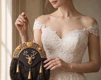 Bolso sporran de cuero negro hecho a mano / Piel, ciervo celta, accesorio para kilt escocés