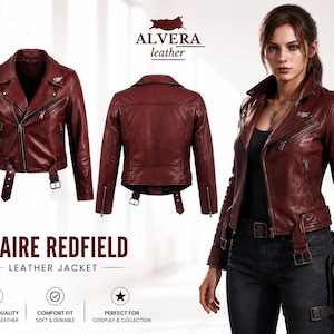 May include: A dark red leather jacket featuring a notched lapel, silver-tone metal zips, and a buckled waist belt. The jacket is displayed from the front and back, with a person wearing the jacket, and includes the text ALVERA leather and CLAIRE REDFIELD LEATHER JACKET.