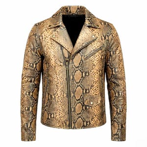 Men’s Snakeskin Print Leather Jacket – Handmade Python Pattern Biker Jacket – Slim-fit Exotic Design