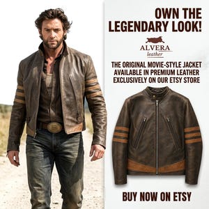 May include: A brown leather jacket with a stand-up collar, a central zip, and three horizontal stripes on each sleeve. The text reads: OWN THE LEGENDARY LOOK! ALVERA leather THE ORIGINAL MOVIE-STYLE JACKET AVAILABLE IN PREMIUM LEATHER EXCLUSIVELY ON OUR ETSY STORE BUY NOW ON ETSY.