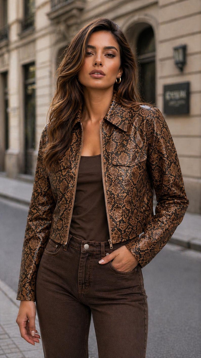 Peut inclure: Veste marron &agrave; motif peau de serpent avec un col et une fermeture &eacute;clair. La veste est associ&eacute;e &agrave; un d&eacute;bardeur marron et &agrave; un jean marron. La tenue est compl&eacute;t&eacute;e par des cr&eacute;oles dor&eacute;es.