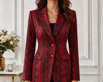 Red Snakeskin Print Blazer for Women | Gothic Red & Black Exotic PythonSkin Handmade Coat | Vintage