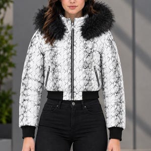 Women’s Cropped Sheep Leather Puffer Jacket - Python Print Jacket, Fur Hooded Handmade Quilted Outerwear