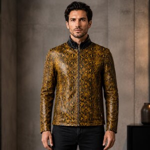 Men's Python Print Genuine Leather Jacket, Snakeskin Embossed Handmade Luxury Jacket - Biker Style