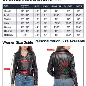 Peut inclure: Tableau des tailles de vestes en cuir noir avec mesures en pouces. Le tableau comprend les mesures de la poitrine, de la taille, des &eacute;paules, des manches et de la longueur pour les tailles XSmall &agrave; XXXLarge. L'image montre aussi des vues avant et arri&egrave;re d'une veste en cuir noir.
