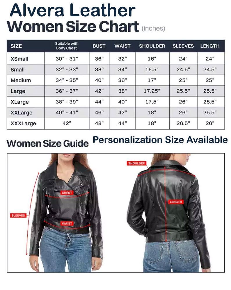 Peut inclure: Tableau des tailles de vestes en cuir noir avec mesures en pouces. Le tableau comprend les mesures de la poitrine, de la taille, des &eacute;paules, des manches et de la longueur pour les tailles XSmall &agrave; XXXLarge. L'image montre aussi des vues avant et arri&egrave;re d'une veste en cuir noir.