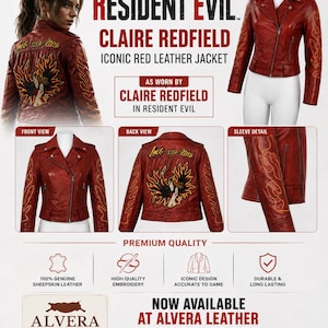 Claire Redfield Resident Evil Red Leather Jacket | Let Me Live Cosplay Embroidered Design Jacket