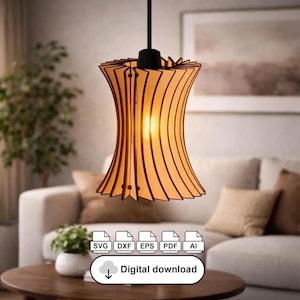 May include: A wooden pendant light fixture with a unique, layered design. The light has a warm, inviting glow, and is suspended from a black cord. The image also includes the text "Digital download" and file type icons.