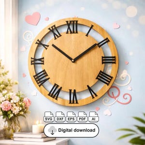 May include: A wooden wall clock with black Roman numerals and hands. The clock has a light brown face and a circular frame. The image also includes the text "Digital download" and file type icons.