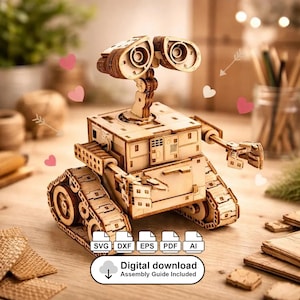 Puede incluir: Un modelo de madera de un robot con un cuerpo en forma de caja, orugas de tanque y ojos grandes y circulares. El modelo está hecho de madera de color claro e incluye el texto "Descarga digital Guía de montaje incluida" e iconos de tipo de archivo.