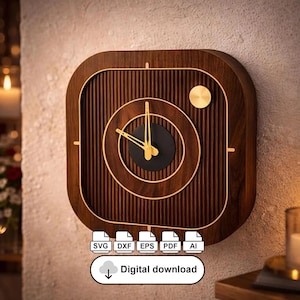 May include: A square wooden wall clock with rounded corners. The clock face has a dark center with gold hands and a gold ring around it. The clock is brown with vertical grooves and a gold accent. The image includes the text "Digital download".