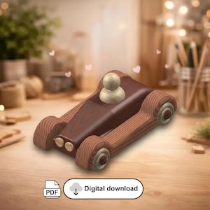 May include: A wooden toy race car with a dark brown body and lighter brown wheels and accents. A small wooden figure sits in the driver's seat. The image includes the text "Digital download".