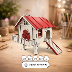 May include: A miniature wooden house with a red roof, white walls, and a small balcony. The house features a red door and windows. The image includes the text "Digital download" and file type icons.