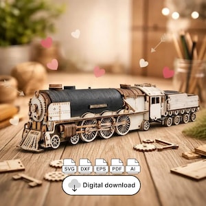 May include: A wooden model train with intricate details, featuring a black engine and white carriages. The model sits on a wooden surface, with additional wooden pieces and the words "Digital download" visible. The train has multiple wheels and gears.
