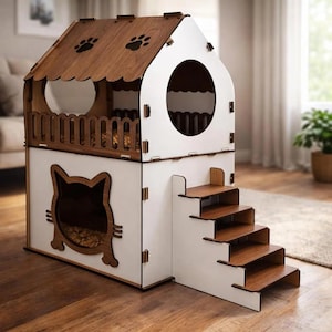Two Story Cat House Laser Cut File, plywood, advanced 3D diy pet house