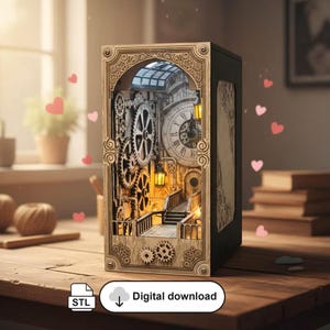 Steampunk Book Nook Diorama | 3D-printer Clock Room-bijlage (STL-bestand)