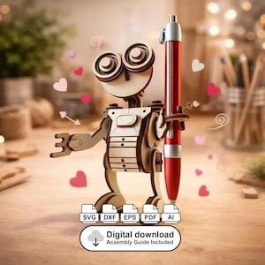 Archivo de corte láser para portalápices con forma de robot / Organizador de escritorio de madera SVG DXF (Descarga digital)