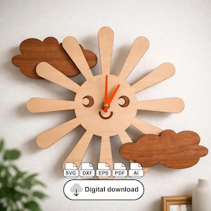 May include: Wooden sun-shaped clock with orange hands and a smiling face. Two brown cloud accents are on either side of the clock. The clock has a digital download option with file type icons and the words "Digital download".