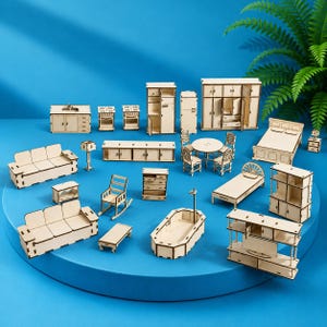 Dollhouse Furniture Laser Cut File Set | Miniature Wood SVG DXF Plan (Digital Download)