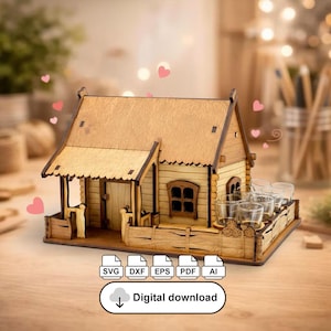 Puede incluir: Una casa de madera en miniatura con porche, valla y vasos de chupito. La casa es de madera marrón claro con un tejado marrón más oscuro. La imagen incluye el texto "Digital download" e iconos de tipo de archivo.