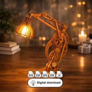 Puede incluir: Lámpara de escritorio de madera con diseño steampunk, con engranajes y brazo ajustable. La lámpara tiene una luz cálida y brillante y está hecha de madera marrón claro. La imagen incluye el texto "Digital download".