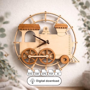 Puede incluir: Reloj de pared de madera con forma de tren, acabado marrón claro. El reloj presenta un diseño de locomotora con dos ruedas grandes, una chimenea y una esfera circular. Las manecillas del reloj son de color marrón oscuro. También incluye el texto "Descarga digital".
