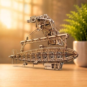 May include: A mechanical wooden model kit of a dirigible airship suspended beneath a gantry crane structure. The model features intricate laser-cut wooden gears, a lattice frame, a gondola cabin, and a propeller, showcasing complex engineering details.