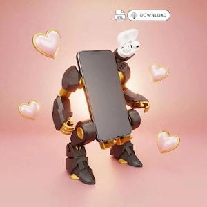 May include: A black and gold robot figure holding a smartphone, with white earbuds on its head. Pink hearts with gold trim float around the robot against a pink background. The image includes the text "STL" and "DOWNLOAD".