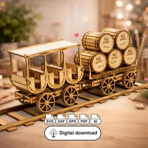 May include: A wooden model train with a passenger car and a flatbed carrying six barrels labeled "ALE BREWERY." The train is on wooden tracks. The image includes the text "Digital download" and file type icons.