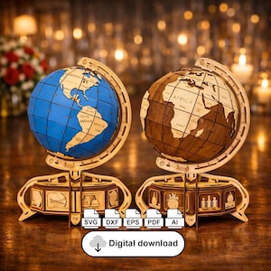 May include: Two wooden globe models, one blue and one brown, with continents labeled. Each globe sits on a detailed wooden stand. The image includes icons for SVG, DXF, EPS, PDF, and AI files, along with "Digital download" text.