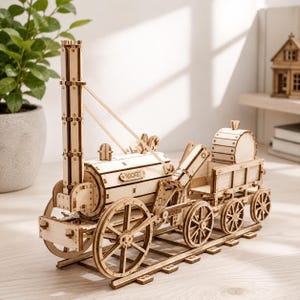 Locomotive Rocket SVG | Vintage Steam Train Laser Cut File | 3D Wooden Train Puzzle DXF | Stephenson's Rocket Model | Assembly Guide PDF