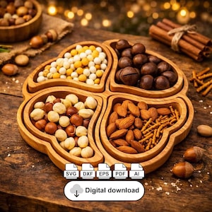 May include: A wooden serving tray with four heart-shaped compartments filled with various snacks. The tray holds nuts, candies, and pretzels. The image also includes a digital download icon with the text "Digital download".