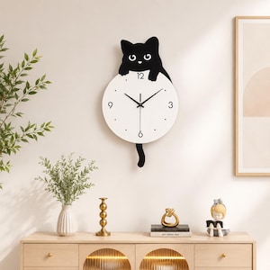 黒猫の壁掛け時計 SVG | レーザーカットの尻尾振り時計 | かわいい子猫のアクリル製壁飾り AI | 子供部屋の時計 CNC ベクター
