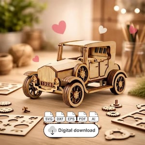 Puede incluir: Maqueta de madera de un coche antiguo, con detalles intrincados cortados con láser. El coche tiene un diseño clásico con ruedas visibles y una parrilla delantera detallada. El año "1928" se muestra en la parte delantera. La imagen también incluye el texto "Descarga digital" e iconos de tipo de archivo.