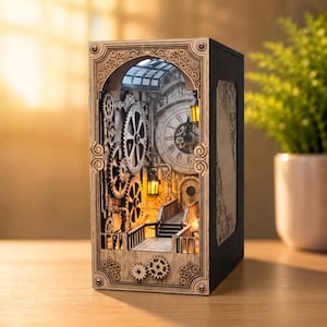 May include: A wooden book nook diorama featuring a clock tower scene with intricate gear mechanisms, a small bridge, and illuminated lanterns. The structure has a rectangular frame with decorative scrollwork and a large clock face on the back wall.
