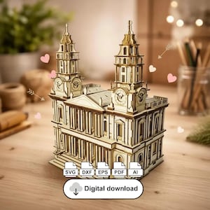 Puede incluir: Maqueta de madera clara de una catedral con dos torres de reloj y una fachada clásica. El modelo presenta detalles arquitectónicos intrincados y acentos dorados. La imagen incluye el texto "Descarga digital" e iconos de tipo de archivo.
