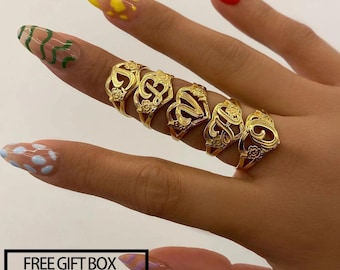 Personalized Initial A-Z Heart Ring | Adjustable Floral Band, Gold Tone