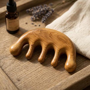 Handgjord hårbottenmassagekam i naturlig sandelträ, 5-tänders trä Gua Sha-verktyg för huvud och nacke