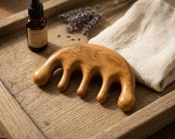 Handmade Natural Sandalwood Scalp Massage Comb, 5-Tooth Wooden Gua Sha Tool for Head & Neck