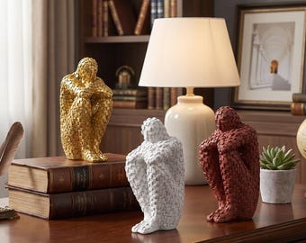 Abstract Mosaic Thinker Figurine,Resin Modern Human Sculpture,Contemporary Crouching Statue,Mosaic Figure Decor,Minimalist Abstract Art