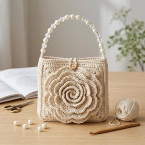Puede incluir: Un bolso de mano de ganchillo color crema con un gran diseño floral en la parte delantera. El asa está adornada con cuentas transparentes y perladas. El bolso es de forma cuadrada y tiene un cierre de botón de madera. Una madeja de hilo, un ganchillo y unas tijeras están cerca.
