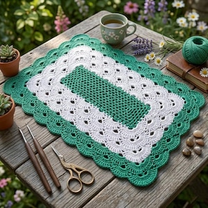 May include: A handmade, rectangular crochet doily in white and green, with a scalloped edge. The doily is on a wooden table, with crochet hooks, scissors, and a ball of green yarn nearby. A cup of tea and small potted plants are also visible.