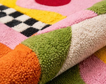 Kids Room Rug, Colorful Abstract Play Rug, Checkerboard Nursery Rug, Fun Modern Hand Tufted Wool Rug, Unique Kids Bedroom Carpet